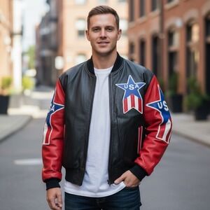 Vintage 90s Michael Hoban Wheremi USA Leather Bomber Jacket Mens LARGE Patriotic
